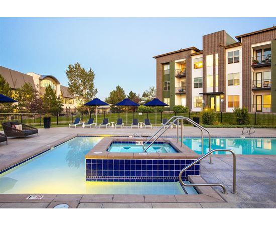 pool and spa at night at RockVue, Broomfield, 80021